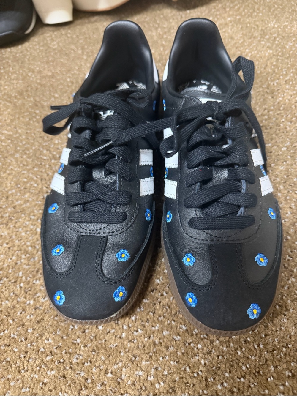 adidas Black Athletic Sneakers with Blue Floral Embroidery